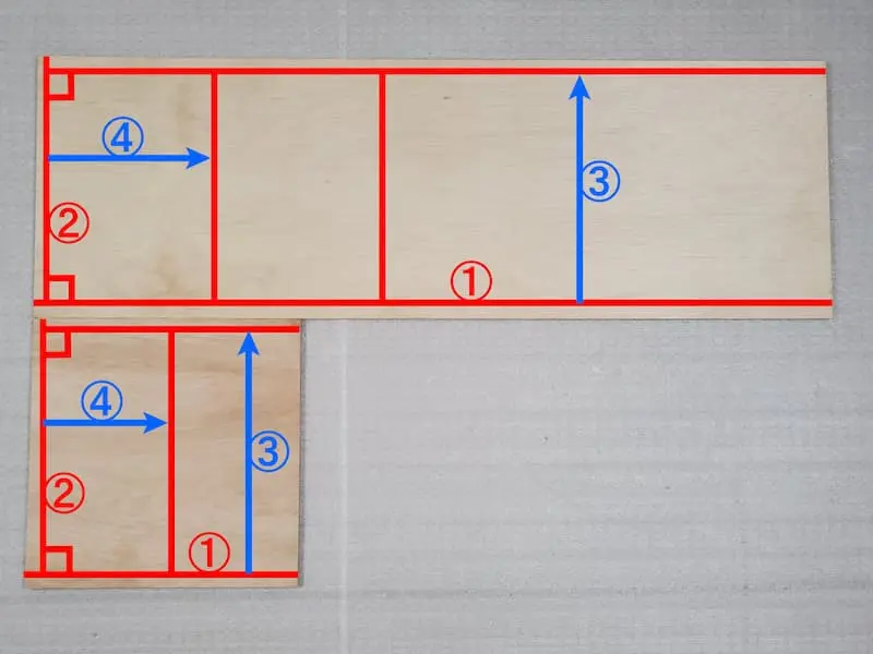 直角の切断方法を表記したベニヤ板