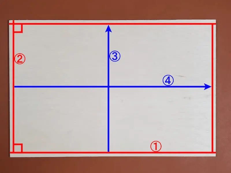 直角の切断方法を表記した1枚目のベニヤ板
